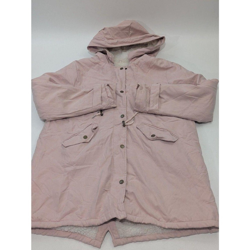 Women's Pink Hooded Parka Jacket Sherpa Lined‎ Snap Button Coat